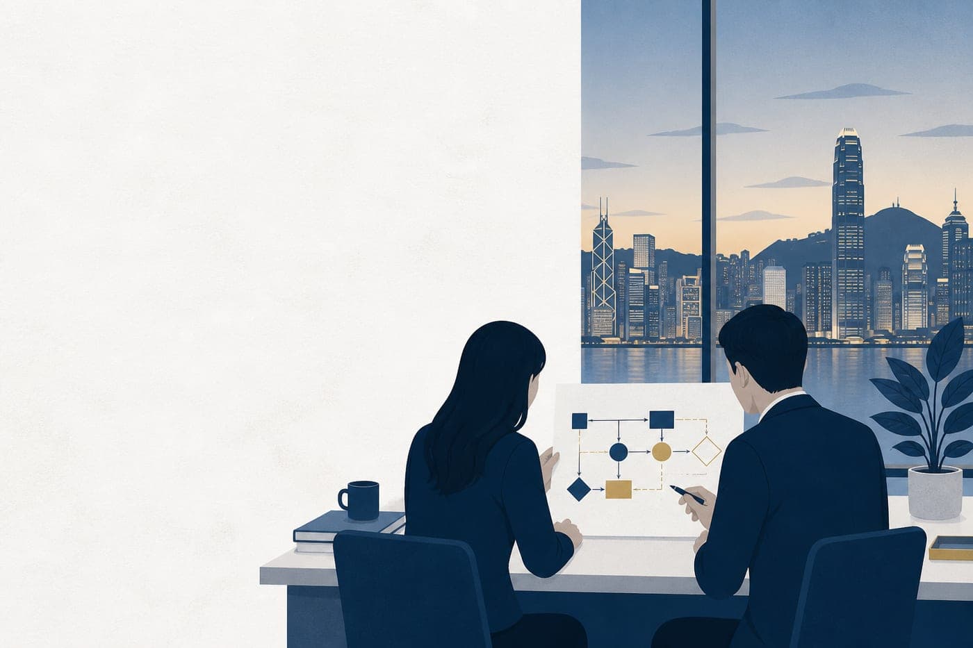 兩位同事在辦公桌前審視流程圖,窗外是香港海港天際線